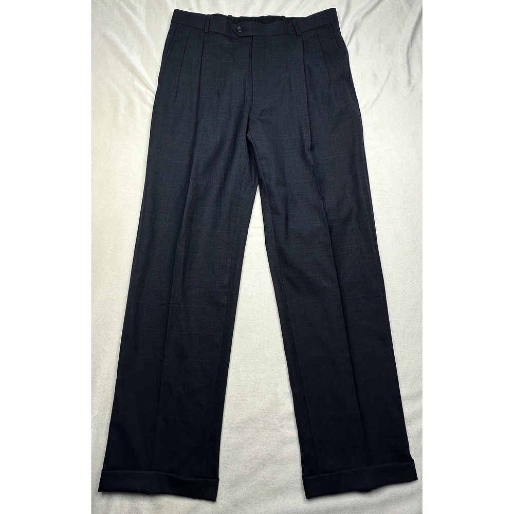 Versini Pants Mens 36 Blue‎ Plaid 100% Wool Pleated Cuffed Dress Slacks Office